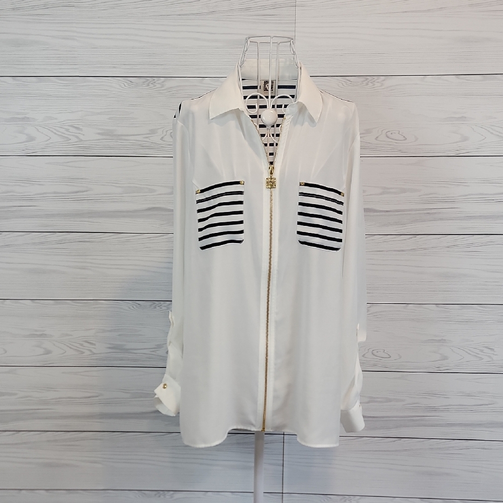 Ann Klein White Zip-Front Sheer Blouse with Black Striped Pockets Womens Size L